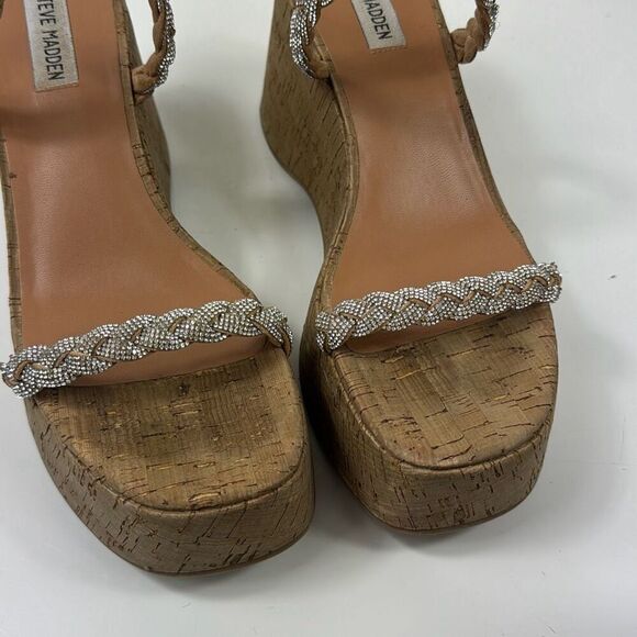Steve Madden Danya Wedge Sandals Womens 9M Platform Slip On Silver Strap Tan - Picture 9 of 11